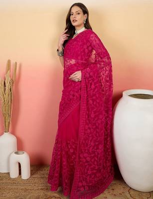 Pink embroidered net saree with unstitched blouse 5