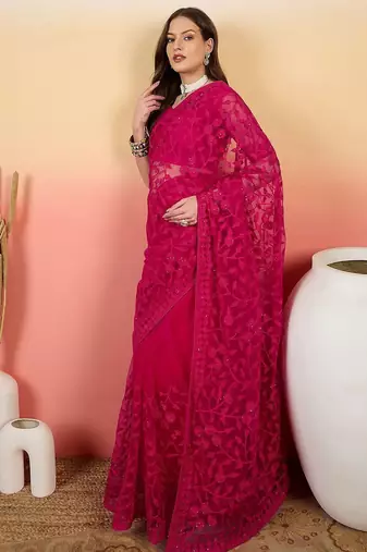 Pink embroidered net saree with unstitched blouse