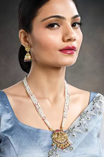 Women's gold toned rani pink & green synthetic stone & beads studded long
