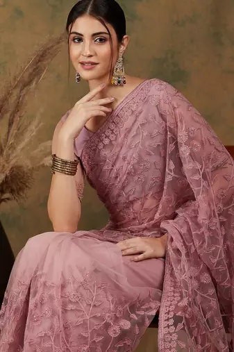 Pink floral embroidered net saree