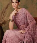 Pink floral embroidered net saree