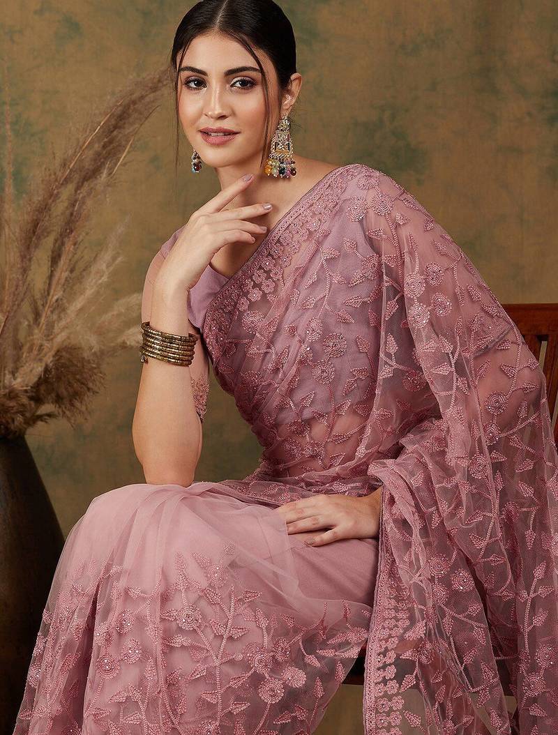 Pink floral embroidered net saree