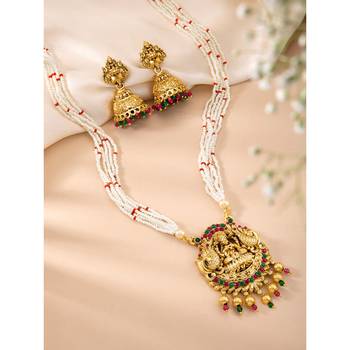 Women's gold toned rani pink & green synthetic stone & beads studded long 2