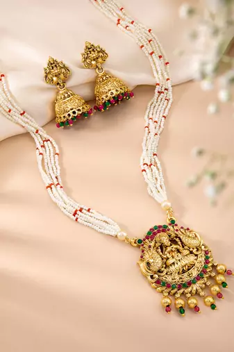 Women's gold toned rani pink & green synthetic stone & beads studded long
