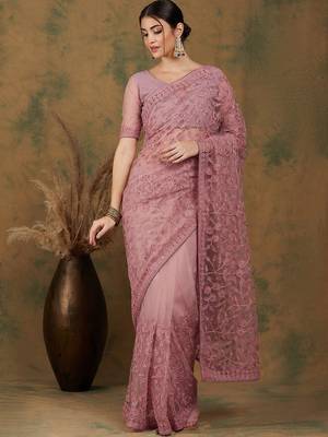 Pink floral embroidered net saree 2