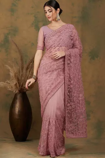 Pink floral embroidered net saree