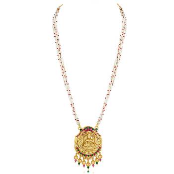 Women's gold toned rani pink & green synthetic stone & beads studded long 3