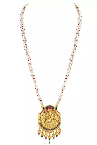 Women's gold toned rani pink & green synthetic stone & beads studded long