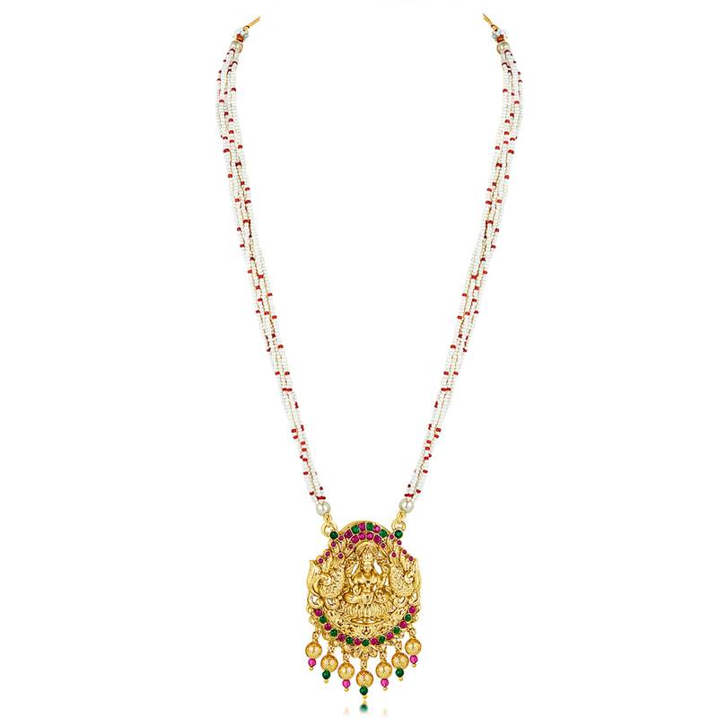 Women's gold toned rani pink & green synthetic stone & beads studded long