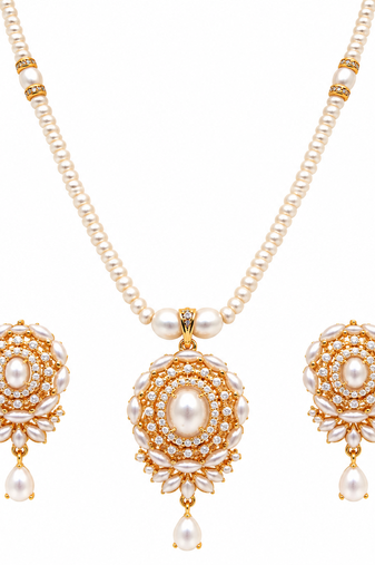 Certified Pearls Gold-Tone Diamond Studded Necklace Set