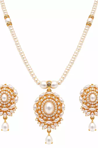 Certified Pearls Gold-Tone Diamond Studded Necklace Set
