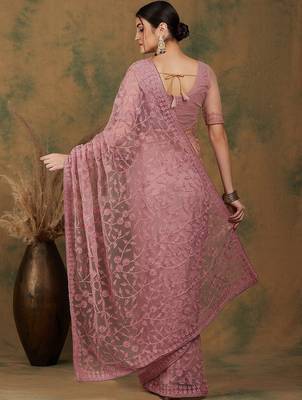 Pink floral embroidered net saree 4