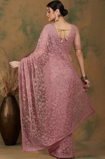 Pink floral embroidered net saree
