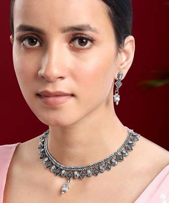 White synthetic stone studded choker necklace drop earrings 1