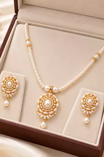 Certified Pearls Gold-Tone Diamond Studded Necklace Set