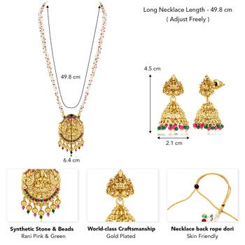 Women's gold toned rani pink & green synthetic stone & beads studded long 4