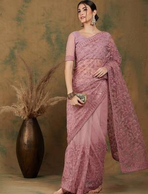 Pink floral embroidered net saree 5
