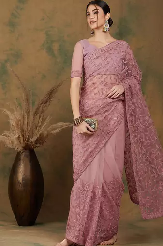 Pink floral embroidered net saree