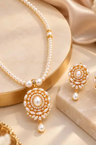 Certified Pearls Gold-Tone Diamond Studded Necklace Set
