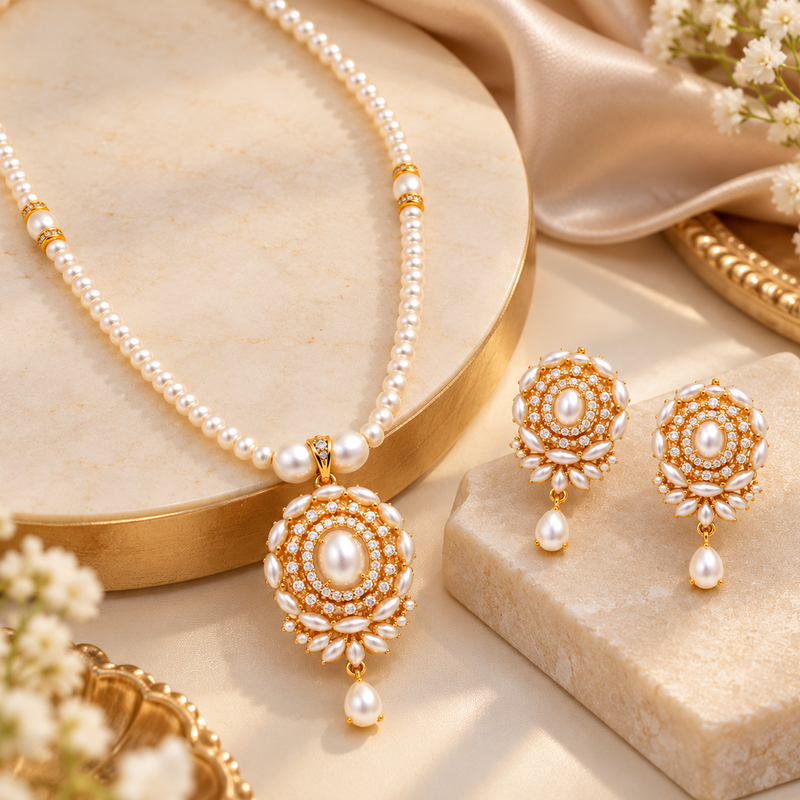 Certified Pearls Gold-Tone Diamond Studded Necklace Set