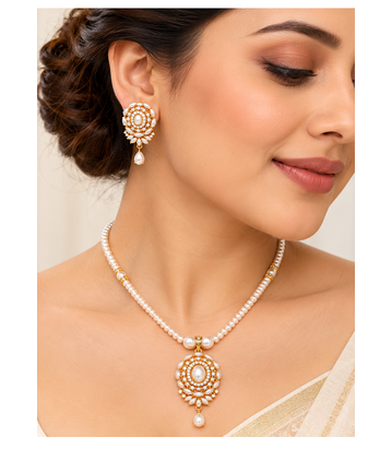 Certified Pearls Gold-Tone Diamond Studded Necklace Set 4