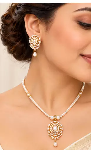 Certified Pearls Gold-Tone Diamond Studded Necklace Set