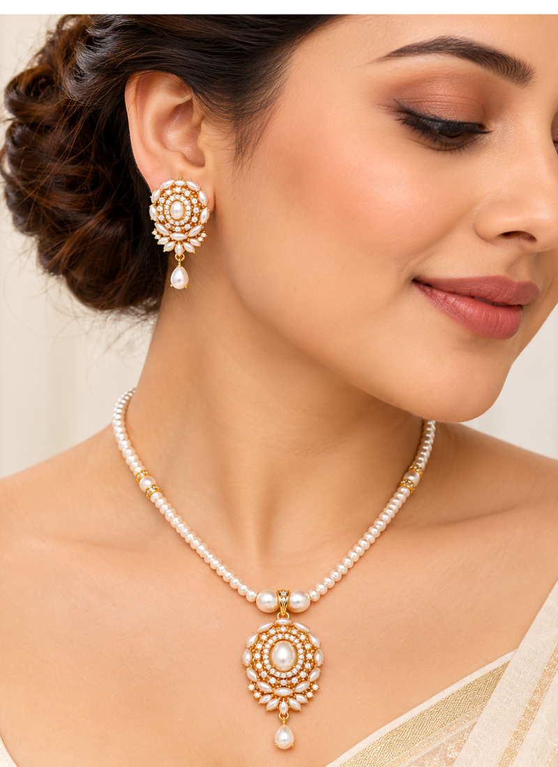 Certified Pearls Gold-Tone Diamond Studded Necklace Set