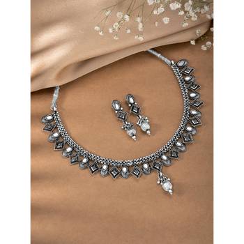 White synthetic stone studded choker necklace drop earrings 2