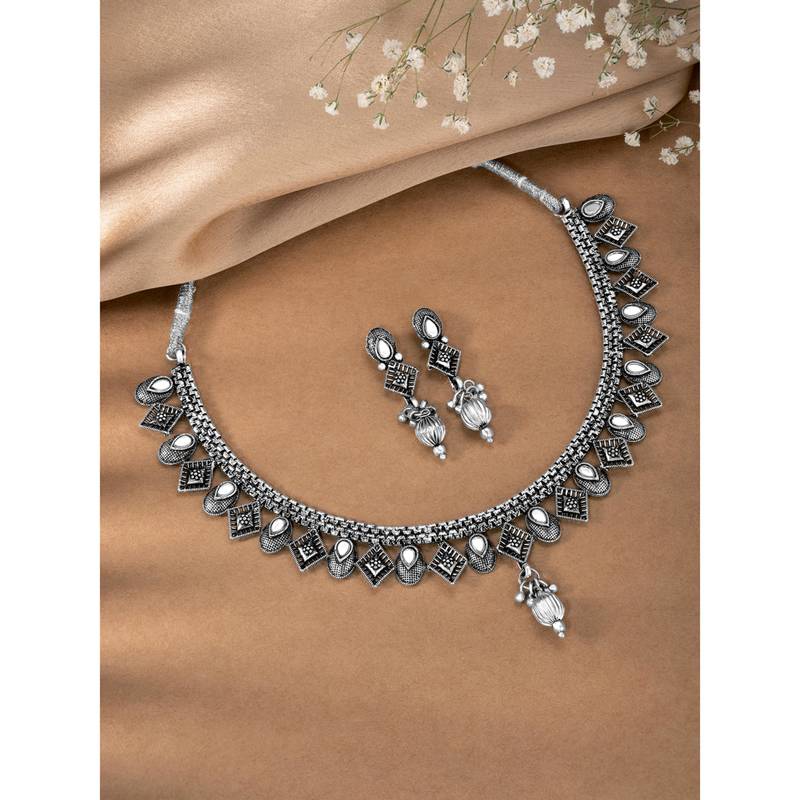 White synthetic stone studded choker necklace drop earrings