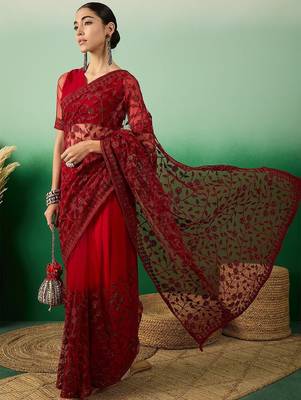 Maroon embroidered saree with blouse piece 1