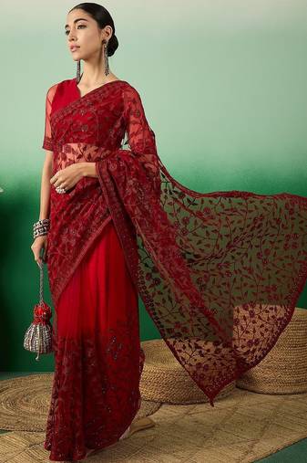 Maroon embroidered saree with blouse piece