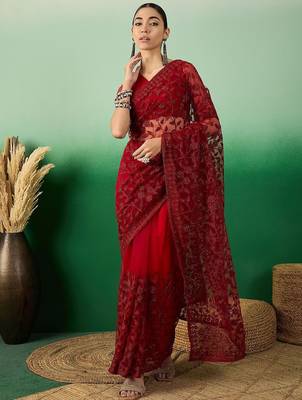 Maroon embroidered saree with blouse piece 2