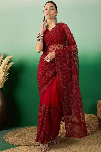 Maroon embroidered saree with blouse piece