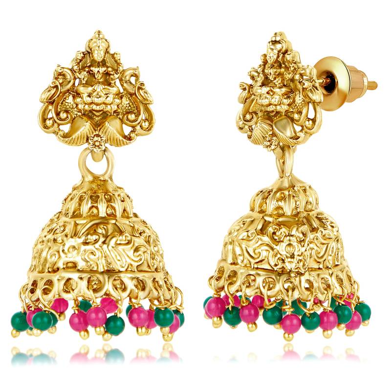 Women's gold toned rani pink & green synthetic stone & beads studded long