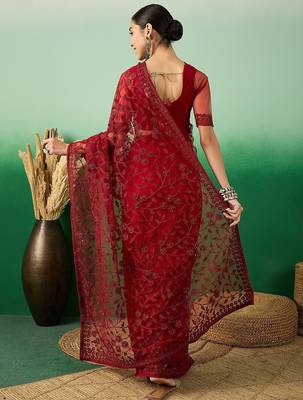 Maroon embroidered saree with blouse piece 3