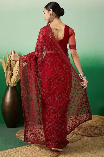 Maroon embroidered saree with blouse piece