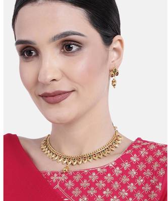 Gold plated beads stone studded choker necklace with drop earring 1