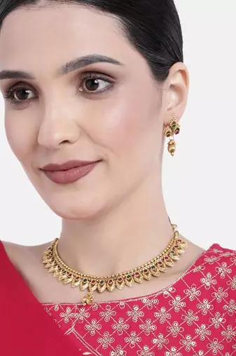 Gold plated beads stone studded choker necklace with drop earring