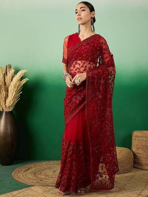 Maroon embroidered saree with blouse piece 4
