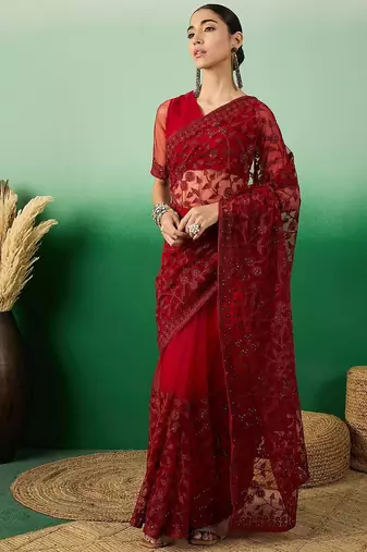 Maroon embroidered saree with blouse piece