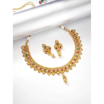 Gold plated beads stone studded choker necklace with drop earring 2