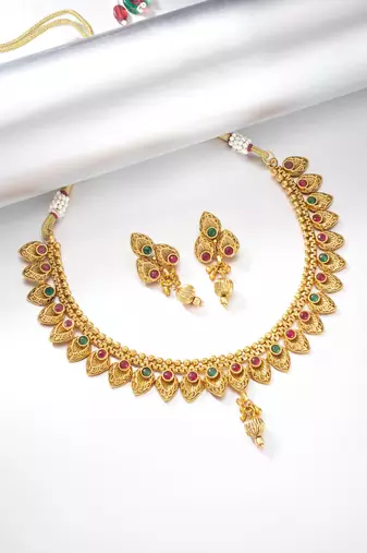Gold plated beads stone studded choker necklace with drop earring