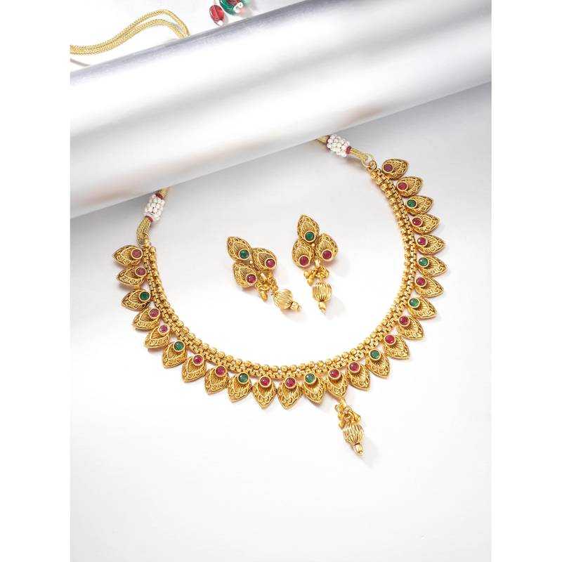Gold plated beads stone studded choker necklace with drop earring