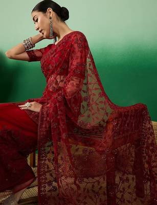 Maroon embroidered saree with blouse piece 5