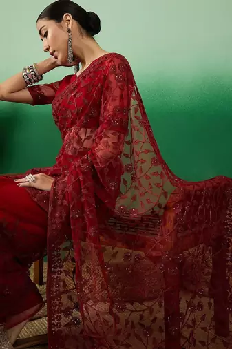 Maroon embroidered saree with blouse piece