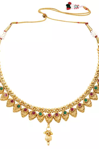 Gold plated beads stone studded choker necklace with drop earring