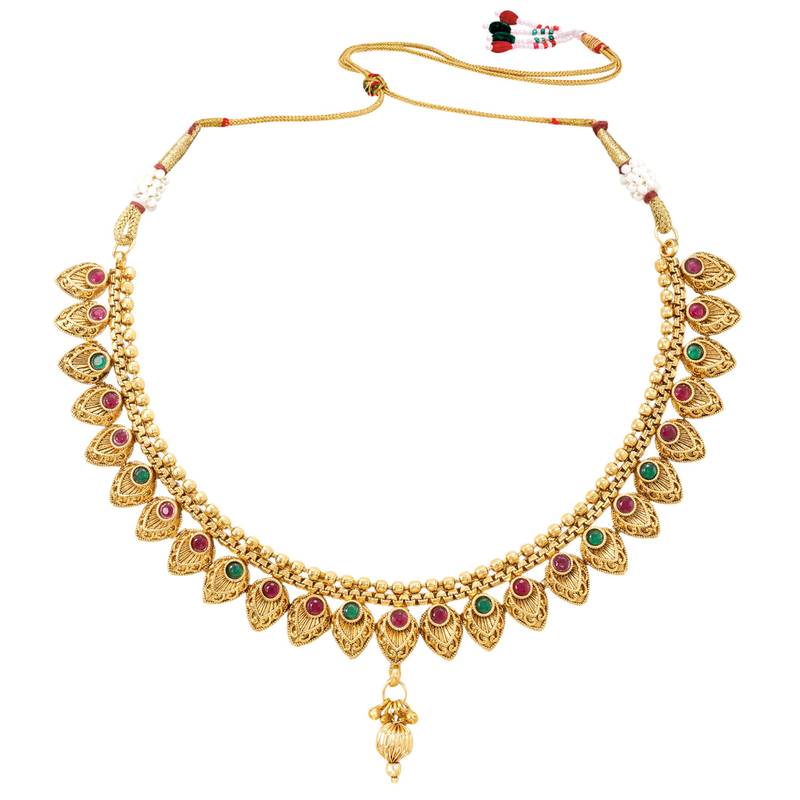 Gold plated beads stone studded choker necklace with drop earring