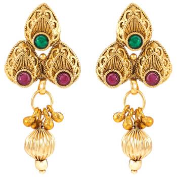 Gold plated beads stone studded choker necklace with drop earring 5