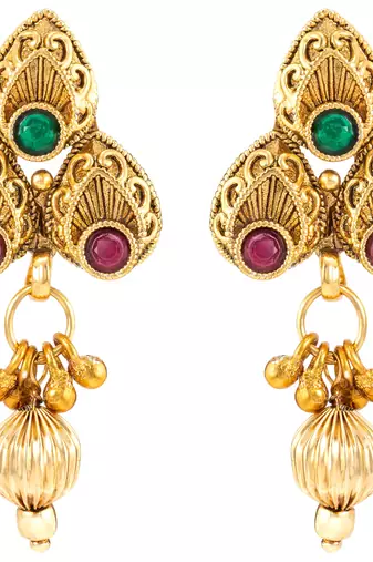 Gold plated beads stone studded choker necklace with drop earring