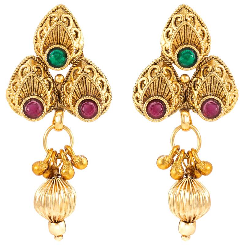 Gold plated beads stone studded choker necklace with drop earring